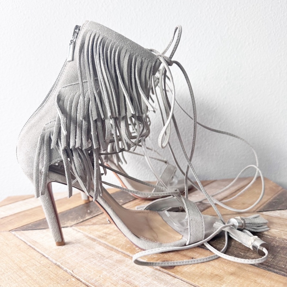 Shultz kagi Fringed Gray/Beige Lace Up Heels - Picture 6 of 16